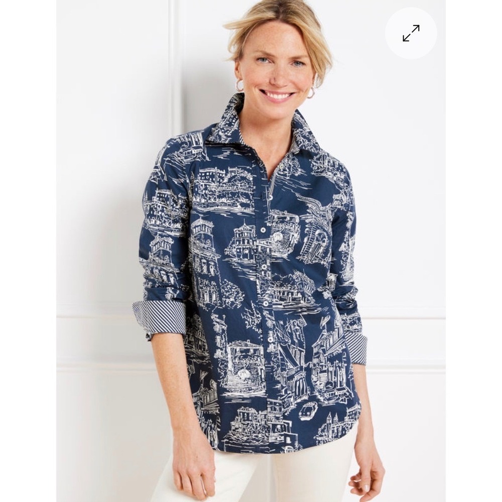 Talbots Toile Button Up Shirt XLP Blue Scenic Italy Venice Travel Resort